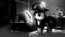 Size: 1920x1080 | Tagged: 3d, artist:sourcerabbit, derpibooru import, detective, detective rarity, gun, handgun, horn, magic, monochrome, noir, rarity, rarity investigates, revolver, safe, solo, tribute, weapon