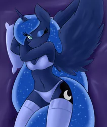 Size: 1284x1519 | Tagged: adorasexy, anthro, artist:ambris, bed, bedroom eyes, belly button, bra, breasts, cleavage, clothes, colored pupils, cute, derpibooru import, female, looking at you, multiple variants, panties, princess luna, sexy, socks, solo, solo female, spread wings, suggestive, thigh highs, underwear, wink