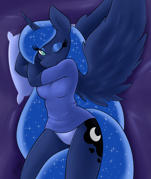 Size: 1284x1519 | Tagged: adorasexy, anthro, artist:ambris, bed, belly button, bottomless, breasts, cleavage, clothes, colored pupils, cute, derpibooru import, female, looking at you, multiple variants, panties, part of a set, princess luna, sexy, shirt, socks, solo, solo female, spread wings, suggestive, thigh highs, underwear, wink