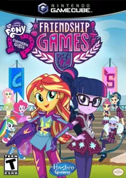 Size: 465x657 | Tagged: safe, artist:dannydsi3d, derpibooru import, fluttershy, indigo zap, pinkie pie, rainbow dash, sci-twi, sour sweet, sugarcoat, sunset shimmer, twilight sparkle, equestria girls, friendship games, canterlot high, cover, cover art, crystal prep academy, crystal prep shadowbolts, equestria girls logo, fake, game, gamecube, hasbro, hasbro gaming, nintendo, wondercolts