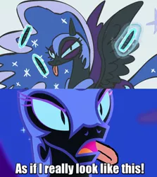 Size: 640x718 | Tagged: safe, derpibooru import, edit, screencap, nightmare moon, scare master, big fat meanie, game, image macro, meme, new student starfish, nightmare mlem, pin the tail on the pony, solo, spongebob squarepants, tongue out