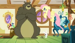 Size: 800x454 | Tagged: angel bunny, derpibooru import, fluttershy, fuzzy legs, harry, safe, scare master, screencap, speculation