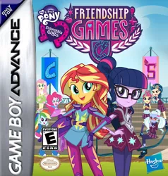 Size: 614x645 | Tagged: safe, artist:dannydsi3d, derpibooru import, fluttershy, indigo zap, pinkie pie, rainbow dash, sci-twi, sour sweet, sugarcoat, sunset shimmer, twilight sparkle, equestria girls, friendship games, box art, canterlot high, cover, cover art, crystal prep academy, crystal prep shadowbolts, equestria girls logo, game, gameboy advance, hasbro, nintendo, wondercolts