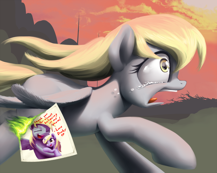 Size: 1125x900 | Tagged: semi-grimdark, artist:moonlitbrush, derpibooru import, derpy hooves, dinky hooves, ditzy doo, pegasus, pony, comic:derpy deliveries, fallout equestria, balefire, balefire bomb, crying, equestria's best daughter, equestria's best mother, female, fire, hug, mare, message, photo, picture, red sky, running, sad, solo, tearjerker