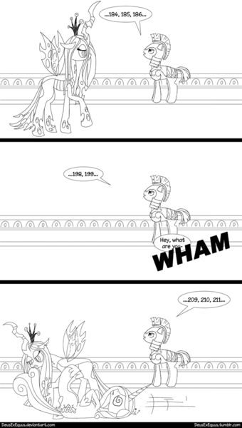 Size: 600x1060 | Tagged: a canterlot wedding, all the guards are useless, artist:deusexequus, black and white, comic, counting, derpibooru import, grayscale, lineart, monochrome, princess cadance, queen chrysalis, rarity investigates, royal guard, safe, unconscious