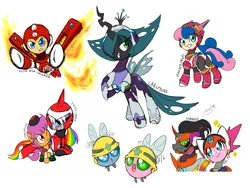 Size: 3200x2400 | Tagged: safe, artist:thegreatrouge, derpibooru import, bon bon, king sombra, pinkie pie, queen chrysalis, scootaloo, sunset shimmer, sweetie drops, parasprite, pony, axl, crossover, lumine, marino, megaman, megaman battle network, megaman x, megaman x: command mission, metool, protoman.exe, red