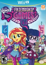 Size: 753x1060 | Tagged: safe, derpibooru import, fluttershy, indigo zap, pinkie pie, rainbow dash, sci-twi, sour sweet, sugarcoat, sunset shimmer, twilight sparkle, equestria girls, friendship games, cover, cover art, equestria girls logo, nintendo, poster, video game, wii u