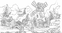 Size: 1293x691 | Tagged: black and white, building, concept art, dead source, derpibooru import, grayscale, house, houses, leak, monochrome, no pony, official art, ponyville, safe, scenery, watermill, windmill