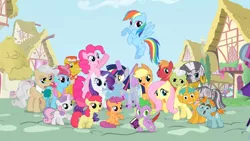 Size: 1280x720 | Tagged: safe, derpibooru import, edit, apple bloom, applejack, big macintosh, carrot cake, cup cake, derpy hooves, fluttershy, granny smith, mayor mare, pinkie pie, rainbow dash, rarity, scootaloo, snails, snips, spike, sweetie belle, zecora, earth pony, pony, zebra, scare master, alicorn costume, clothes, costume, fake horn, fake wings, group shot, implied twilight sparkle, intro, male, nightmare night costume, opening, opening credits, stallion, toilet paper roll, toilet paper roll horn, twilight muffins, wig