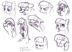 Size: 1008x730 | Tagged: safe, artist:sibsy, derpibooru import, twilight sparkle, leak, angry, concept art, crying, disgusted, expressions, eyes closed, floppy ears, frown, glare, gritted teeth, grumpy, monochrome, open mouth, sad, scared, screaming, sweat, tongue out, yelling