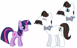 Size: 1236x768 | Tagged: safe, derpibooru import, barber groomsby, twilight sparkle, earth pony, pony, unicorn, leak, bowtie, concept art, eyes closed, facial hair, female, male, mare, moustache, official art, simple background, size comparison, stallion, unicorn twilight, white background