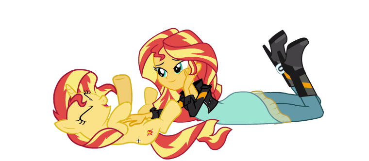 Size: 760x332 | Tagged: safe, artist:tiredbrony, derpibooru import, sunset shimmer, pony, unicorn, equestria girls, bellyrubs, cute, human ponidox, self ponidox, shimmerbetes, simple background, white background