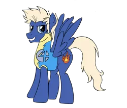 Size: 2603x2205 | Tagged: safe, artist:edcom02, artist:jmkplover, derpibooru import, ponified, pegasus, pony, clothes, costume, crossover, fantastic four, human torch, johnny storm, marvel, simple background, spiders and magic: capcom invasion, spiders and magic: rise of spider-mane, transparent background, wonderbolt trainee uniform