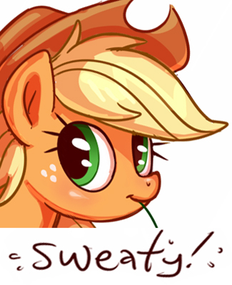 Size: 325x400 | Tagged: safe, artist:sorcerushorserus, derpibooru import, edit, applejack, earth pony, pony, :t, expand dong, explicit source, exploitable meme, faic, female, grass, head, mare, meme, mouth hold, reaction image, simple background, smiling, solo, sweat, white background