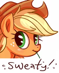 Size: 325x400 | Tagged: safe, artist:sorcerushorserus, derpibooru import, edit, applejack, earth pony, pony, :t, expand dong, explicit source, exploitable meme, faic, female, grass, head, mare, meme, mouth hold, reaction image, simple background, smiling, solo, sweat, white background