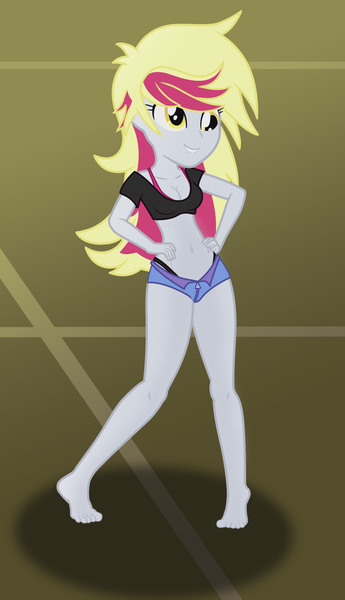 Size: 1232x2140 | Tagged: suggestive, artist:dirty mike, derpibooru import, edit, derpy hooves, equestria girls, life is a runway, rainbow rocks, alternate hairstyle, barefoot, belly button, black underwear, bra strap, clothes, feet, female, midriff, panties, shorts, show accurate, solo, solo female, underwear, underwear edit