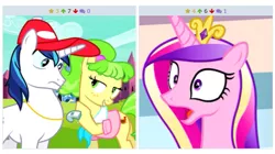 Size: 543x305 | Tagged: bedroom eyes, chickadee, derpibooru, derpibooru import, exploitable meme, flirting, games ponies play, jaw drop, juxtaposition, juxtaposition win, meme, meta, ms. peachbottom, princess cadance, safe, shining armor, shining armor gets all the mares, shining armor is not amused, this will end in divorce