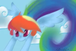 Size: 1024x694 | Tagged: artist:missrenakitsune, blurry, derpibooru import, flying, rainbow dash, safe, solo