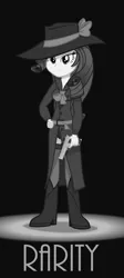 Size: 2203x4914 | Tagged: safe, artist:zacatron94, derpibooru import, rarity, equestria girls, rarity investigates, boots, clothes, detective, detective rarity, gun, handgun, hat, m1911, monochrome, noir, pistol, solo, weapon