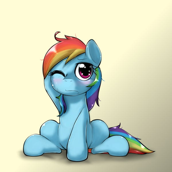 Size: 1000x1000 | Tagged: artist:ushiro no kukan, derpibooru import, messy mane, one eye closed, rainbow dash, safe, sitting, sleepy, solo