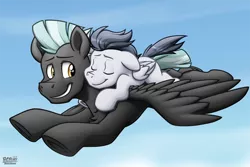 Size: 1076x717 | Tagged: safe, artist:bcpony, derpibooru import, rumble, thunderlane, pegasus, pony, brothers, chest fluff, colt, eyes closed, flying, looking back, male, nuzzling, ponies riding ponies, sky, spread wings, stallion, wings