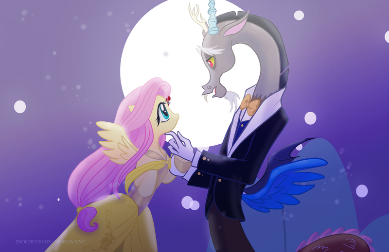 Size: 2564x1664 | Tagged: safe, artist:morgwaine, derpibooru import, discord, fluttershy, fanfic:bride of discord, clothes, discoshy, dress, female, male, moon, shipping, straight, tuxedo