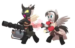 Size: 1170x750 | Tagged: safe, artist:carnifex, derpibooru import, oc, oc:doctiry, oc:platan, unofficial characters only, alicorn, changeling, pony, :o, alicorn oc, bipedal, broken horn, brown changeling, changeling oc, crossover, heavy weapons guy, hoof hold, medic, medigun, minigun, open mouth, platiry, smiling, spread wings, team fortress 2, wide eyes, yellow changeling