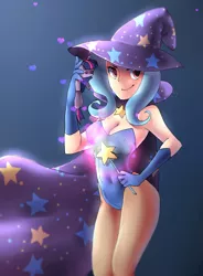 Size: 1680x2282 | Tagged: artist:rocy canvas, breasts, cleavage, derpibooru import, doll, female, heart, human, humanized, leotard, magic, magician outfit, solo, solo female, suggestive, toy, trixie, trixie's cape, trixie's hat, twilight sparkle, wand