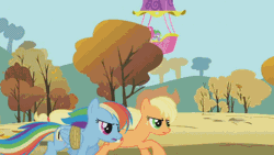 Size: 800x450 | Tagged: safe, derpibooru import, edit, edited screencap, screencap, applejack, pinkie pie, rainbow dash, spike, earth pony, pegasus, pony, fall weather friends, animated, duo, eye contact, female, frame skipping, gif, glare, grin, hot air balloon, levitation, looking at each other, mare, rope, running of the leaves, sliding, smiling, smirk, speed lines, talking, wat