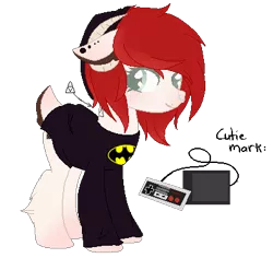 Size: 400x377 | Tagged: safe, artist:whiterabbiit, derpibooru import, oc, oc:jaayden gamer, unofficial characters only, base used, batman, beanie, clothes, gamer, hat, nintendo entertainment system, piercing, solo, sweater, tattoo, the legend of zelda, triforce