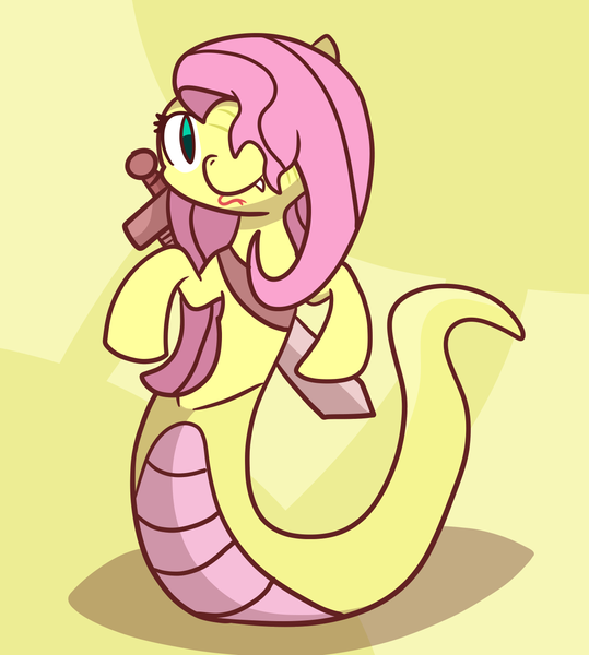 Size: 1256x1399 | Tagged: artist:spoopyro, derpibooru import, fluttershy, fluttersnake, lamia, original species, safe, snake, solo, sword