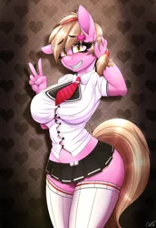 Size: 2200x3200 | Tagged: anthro, artist:replica, big breasts, blushing, braces, breasts, clothes, derpibooru import, female, fetish, looking at you, miniskirt, necktie, oc, oc:reppy, peace sign, pigtails, schoolgirl, school uniform, school uniform fetish, shirt, skirt, socks, solo, solo female, stockings, suggestive, undersized clothes, unofficial characters only, wallpaper, wallpaper for the fearless, zettai ryouiki