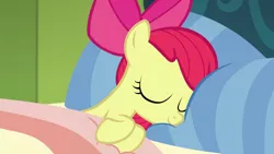 Size: 1280x720 | Tagged: safe, derpibooru import, screencap, apple bloom, earth pony, pony, bloom and gloom, adorabloom, bed, bedsheets, bow, cute, eyes closed, female, filly, hair bow, pillow, sleeping, solo