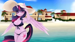 Size: 1920x1079 | Tagged: anthro, armpits, artist:chokico, beach, belly button, big breasts, bikini, breasts, busty twilight sparkle, cleavage, clothes, derpibooru import, edit, female, looking at you, nail polish, nudity, palm tree, smiling, solo, solo female, suggestive, swimsuit, tree, twilight sparkle, twilight sparkle (alicorn)