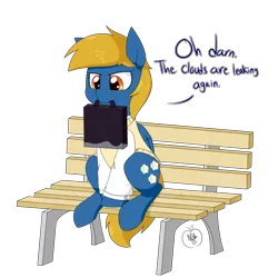Size: 1280x1280 | Tagged: artist:notenoughapples, briefcase, clothes, derpibooru import, oc, oc:rainy season, safe, shirt, sitting, sweater, unofficial characters only