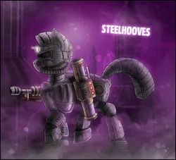 Size: 1732x1575 | Tagged: safe, artist:theomegaridley, derpibooru import, oc, oc:steelhooves, unofficial characters only, earth pony, pony, fallout equestria, fanfic, armor, fanfic art, gun, male, power armor, rocket launcher, solo, stallion, steel ranger, steel rangers, weapon