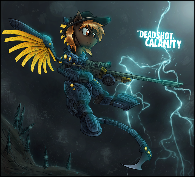 Size: 1732x1575 | Tagged: safe, artist:theomegaridley, derpibooru import, oc, oc:calamity, unofficial characters only, pegasus, pony, fallout equestria, fanfic, anti-machine rifle, anti-materiel rifle, armor, dashite, enclave armor, fanfic art, flying, gun, hat, hooves, lightning, male, optical sight, power armor, rifle, sniper rifle, solo, spitfire's thunder, spread wings, stallion, text, weapon, wings