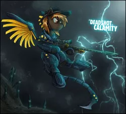 Size: 1732x1575 | Tagged: safe, artist:theomegaridley, derpibooru import, oc, oc:calamity, unofficial characters only, pegasus, pony, fallout equestria, fanfic, anti-machine rifle, anti-materiel rifle, armor, dashite, enclave armor, fanfic art, flying, gun, hat, hooves, lightning, male, optical sight, power armor, rifle, sniper rifle, solo, spitfire's thunder, spread wings, stallion, text, weapon, wings