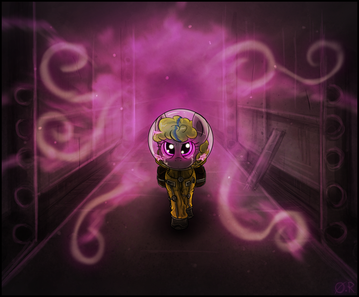 Size: 1477x1224 | Tagged: safe, artist:theomegaridley, derpibooru import, oc, oc:puppysmiles, unofficial characters only, earth pony, pony, fallout equestria, fallout equestria: pink eyes, fanfic, angry, crying, fanfic art, female, filly, foal, hazmat suit, hooves, looking at you, pink cloud (fo:e), radiation suit, saddle bag, solo