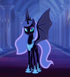 Size: 540x593 | Tagged: safe, artist:anima-dos, artist:duo cartoonist, artist:lionheartcartoon, derpibooru import, nightmare moon, alicorn, bat pony, bat pony alicorn, pony, the moon rises, animated, bat wings, bedroom eyes, castle, crown, cute, ethereal mane, evil laugh, eyeshadow, fangs, female, flapping, gif, grin, laughing, looking at you, makeup, mare, moonabetes, moonbat, open mouth, raised eyebrow, raised hoof, redesign, slit eyes, smiling, smirk, smooth as butter, solo, spread wings, unshorn fetlocks
