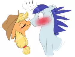 Size: 860x660 | Tagged: safe, artist:prettypinkpony, derpibooru import, applejack, oc, oc:constance everheart, blushing, canon x oc, everjack, female, floppy ears, heart, kissing, male, shipping, straight, surprised, surprise kiss