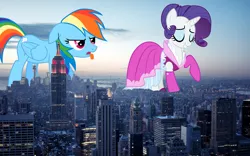 Size: 2560x1600 | Tagged: safe, artist:vamponylovers, derpibooru import, rainbow dash, rarity, pony, city, clothes, dress, empire state building, fashion, giant pony, highrise ponies, irl, new york city, photo, ponies in real life