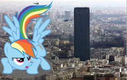 Size: 596x378 | Tagged: safe, artist:vamponylovers, derpibooru import, rainbow dash, pony, building, city, giant pony, giant rainbow dash, helicopter, highrise ponies, irl, jet, paris, photo, ponies in real life