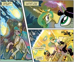 Size: 1833x1551 | Tagged: safe, derpibooru import, idw, gusty, gusty the great, princess celestia, professor inkwell, alicorn, pony, unicorn, spoiler:comic, spoiler:comicm08, comic, epic, female, fight, force field, g4, mare, official comic, teamwork, unity