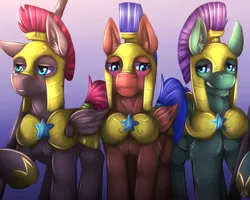 Size: 1280x1024 | Tagged: safe, artist:kuro-no-yuki, artist:lu-kurio, derpibooru import, spearhead, pegasus, pony, rarity investigates, blushing, raised hoof, royal guard, trio