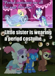 Size: 700x960 | Tagged: apple bloom, clothes, costume, derpibooru import, dress, fluttershy, goggles, image macro, meme, mermaid, mermarity, nightmare night, observation, period costume, platypus, rarity, safe, scare master, scootaloo, screencap, sweetie belle, wonderbolts uniform