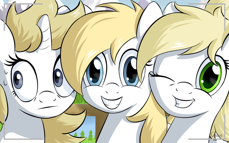 Size: 3200x2000 | Tagged: artist:gsuus, aryan, aryan pony, blonde, derpibooru import, germany, group photo, mountain, nazipone, nervous, oc, oc:aryanne, oc:franziska, oc:kyrie, safe, smiling, sweat, tree, unofficial characters only, wink