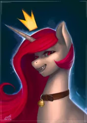 Size: 620x877 | Tagged: safe, artist:eosphorite, derpibooru import, princess celestia, crown, looking at you, necklace, portrait, sharp teeth, solo, werelestia