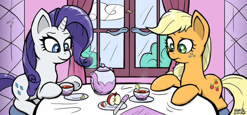 Size: 4925x2304 | Tagged: safe, artist:corsairsedge, derpibooru import, applejack, rarity, earth pony, pony, unicorn, apple, duo, duo female, female, tea, tea party, teacup, teapot