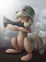 Size: 1536x2048 | Tagged: safe, artist:ibsn, derpibooru import, applejack, pony, how applejack won the war, floppy ears, gun, helmet, one eye closed, solo, tongue out